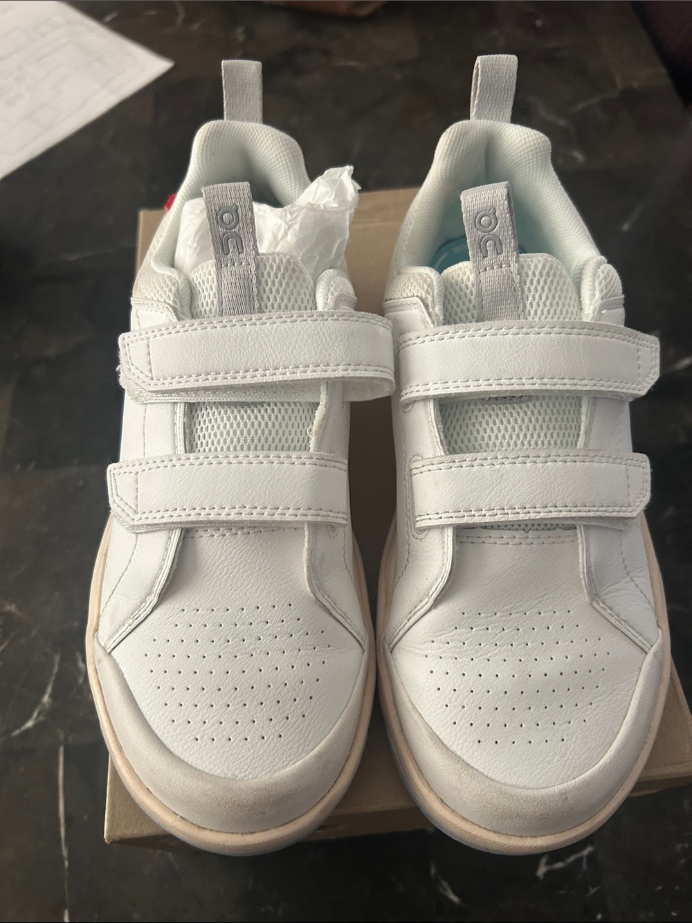On Running Kids White Velcro Sneakers with Tan Accent Midsole